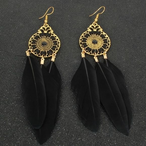 boutique Jewelry - NEW MEDIALION BLACK FEATHER EARRINGS